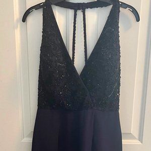 Aidan Mattox Long Navy Gown with Beaded Bodice